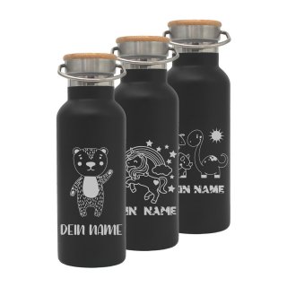 Trinkflasche mit Kinder-Motiven SCHWARZ und deinem Namen personalisiert aus Edelstahl mit Bambusdeckel 500ml