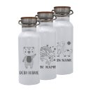 Trinkflasche mit Kinder-Motiven WEISS und deinem Namen personalisiert aus Edelstahl mit Bambusdeckel 500ml
