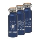 Trinkflasche mit Kinder-Motiven BLAU und deinem Namen personalisiert aus Edelstahl mit Bambusdeckel 500ml