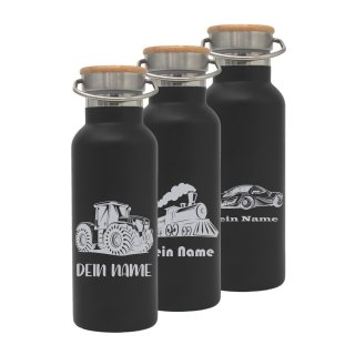 Trinkflasche mit Fahrzeug-Motiven SCHWARZ und deinem Namen personalisiert aus Edelstahl mit Bambusdeckel 500ml