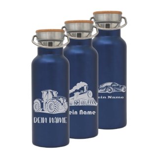 Trinkflasche mit Fahrzeug-Motiven BLAU und deinem Namen personalisiert aus Edelstahl mit Bambusdeckel 500ml