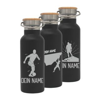 Trinkflasche mit Sport-Motiven SCHWARZ und deinem Namen personalisiert aus Edelstahl mit Bambusdeckel 500ml