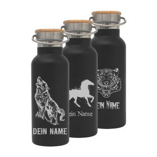 Trinkflasche mit Tier-Motiven SCHWARZ und deinem Namen personalisiert aus Edelstahl mit Bambusdeckel 500ml