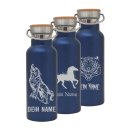 Trinkflasche mit Tier-Motiven BLAU und deinem Namen personalisiert aus Edelstahl mit Bambusdeckel 500ml
