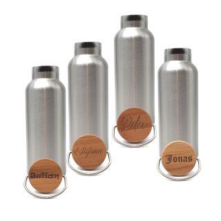 Trinkflasche mit verschiedenen Schriftarten personalisiert am Bambusdeckel aus Edelstahl 500ml