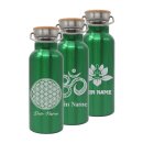 Trinkflasche mit Esoterik-Motiven Grün und deinem Namen personalisiert aus Edelstahl mit Bambusdeckel 500ml