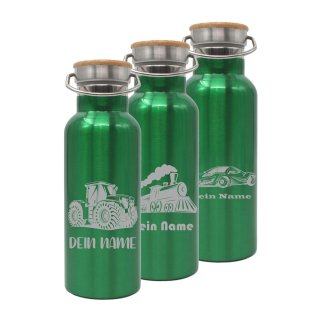 Trinkflasche mit Fahrzeug-Motiven Grün und deinem Namen personalisiert aus Edelstahl mit Bambusdeckel 500ml