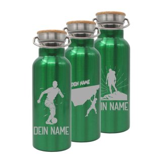 Trinkflasche mit Sport-Motiven GRÜN und deinem Namen personalisiert aus Edelstahl mit Bambusdeckel 500ml