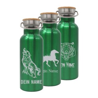Trinkflasche mit Tier-Motiven GRÜN und deinem Namen personalisiert aus Edelstahl mit Bambusdeckel 500ml