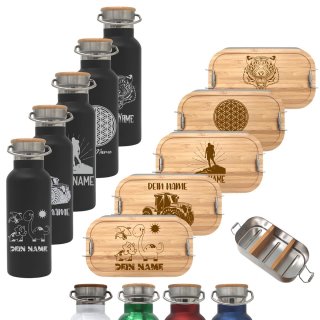 Brotdose und Trinkflasche mit Namen personalisiert im Set, Lunchbox M aus Metall und Isolierflasche aus Edelstahl personalisiert in schwarz