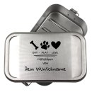 Leckerlidose personalisiert für Hunde mit Namen und Motiv Aufbewahrungsdose für Hundesnacks Geschenkidee für Tierliebhaber Hundekekse und Huneleckerlis Behälter für unterwegs EAT PLAY LOVE