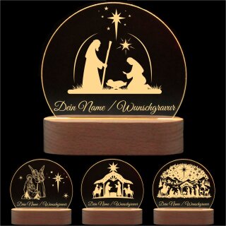 Graviertes Weihnachtskrippen Nachtlicht – personalisiert aus Acrylglas und Buchenholz mit Wunschname