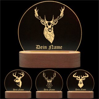 Personalisierte Hirsch Lampe aus Holz – LED Nachtlicht für Jäger & Waldliebhaber