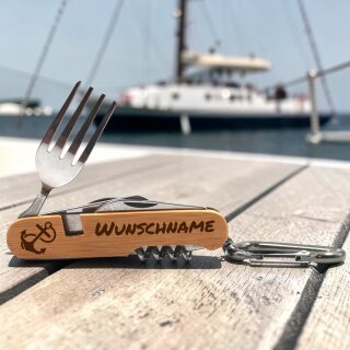 Campingbesteck Anker personalisiert mit Wunschname – Outdoor Besteck Edelstahl & Holz