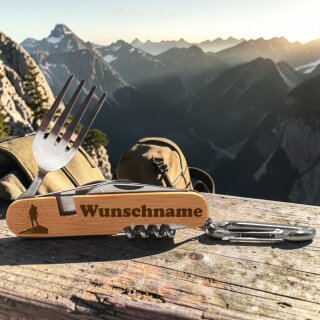 Campingbesteck Bergmensch personalisiert mit Wunschname – Wanderbesteck Outdoor Edelstahl & Holz