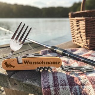 Campingbesteck Angler personalisiert mit Wunschname – Outdoor Besteck Edelstahl & Holz