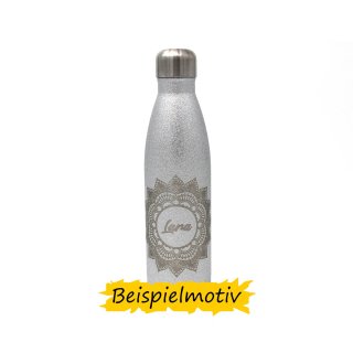 die-veredler Trinkflasche personalisiert silber glitzer 500ml aus Edelstahl mit ausgewähltem Motiv und Namen / Wunschtext